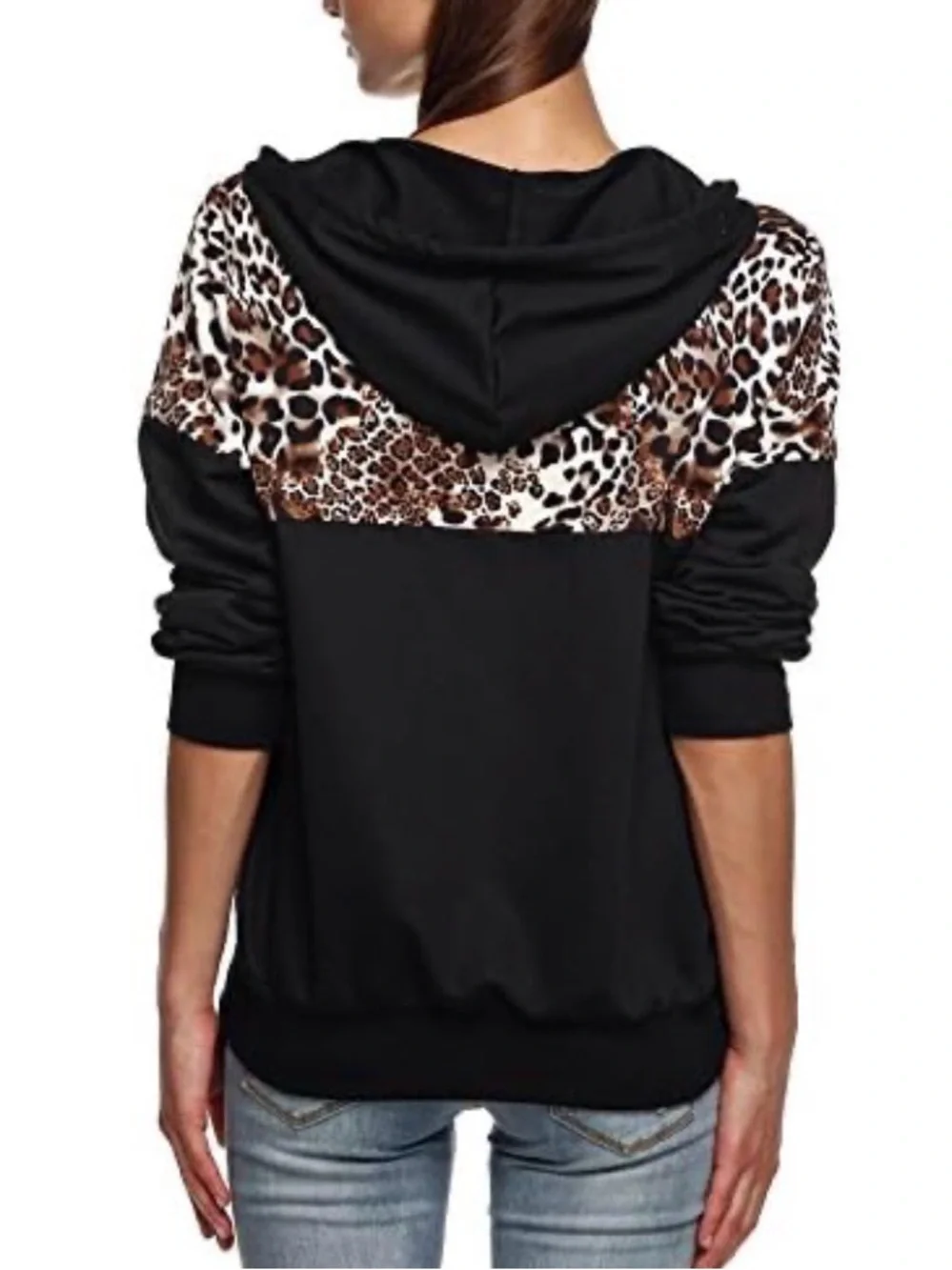 Women’s Black Zip-Up Hoodie with Leopard Print Accent - Picture 3 of 6